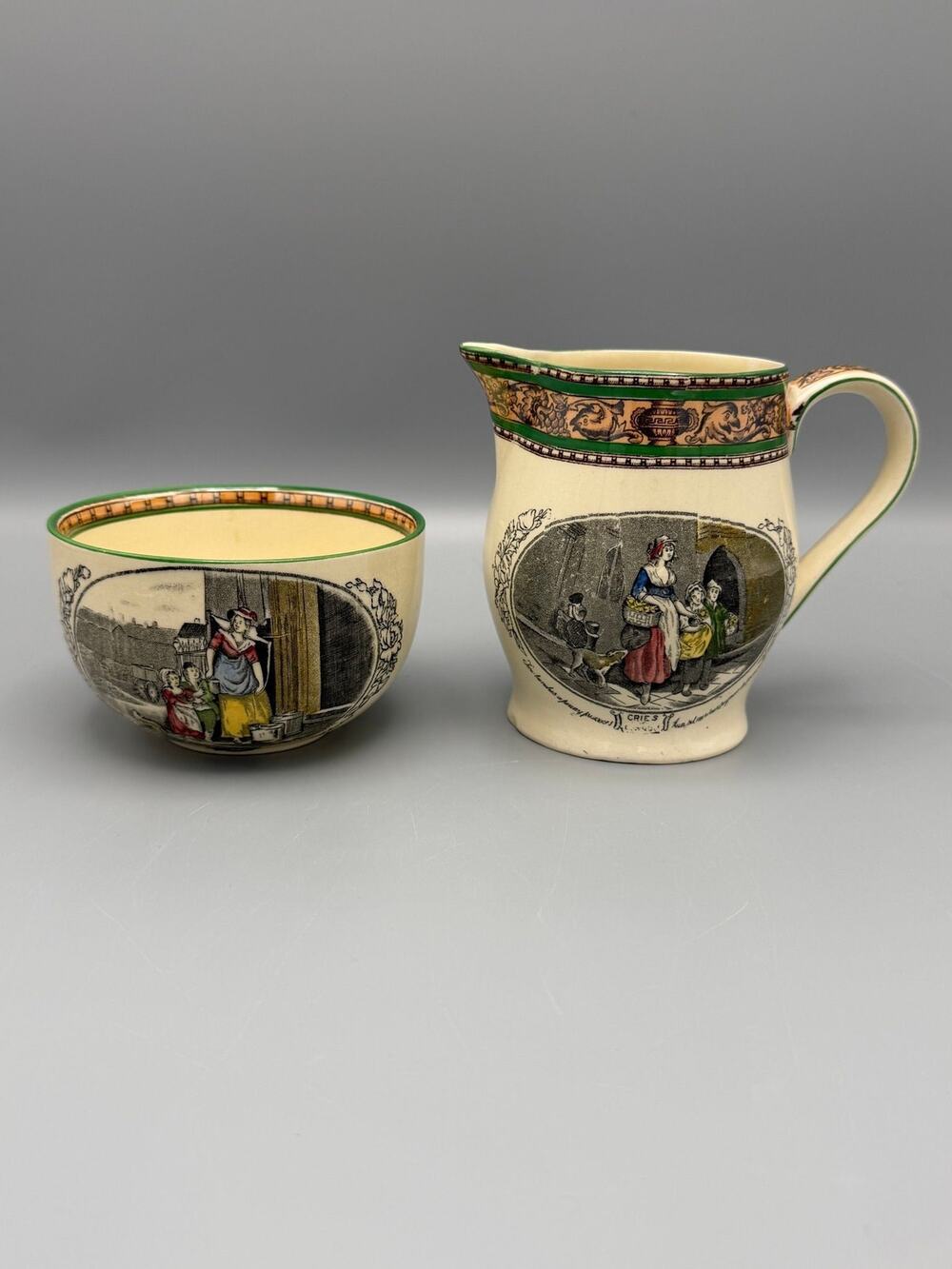 Adams Tunstall Cries of London Ironstone Sugar Bowl&Creamer English Transferware